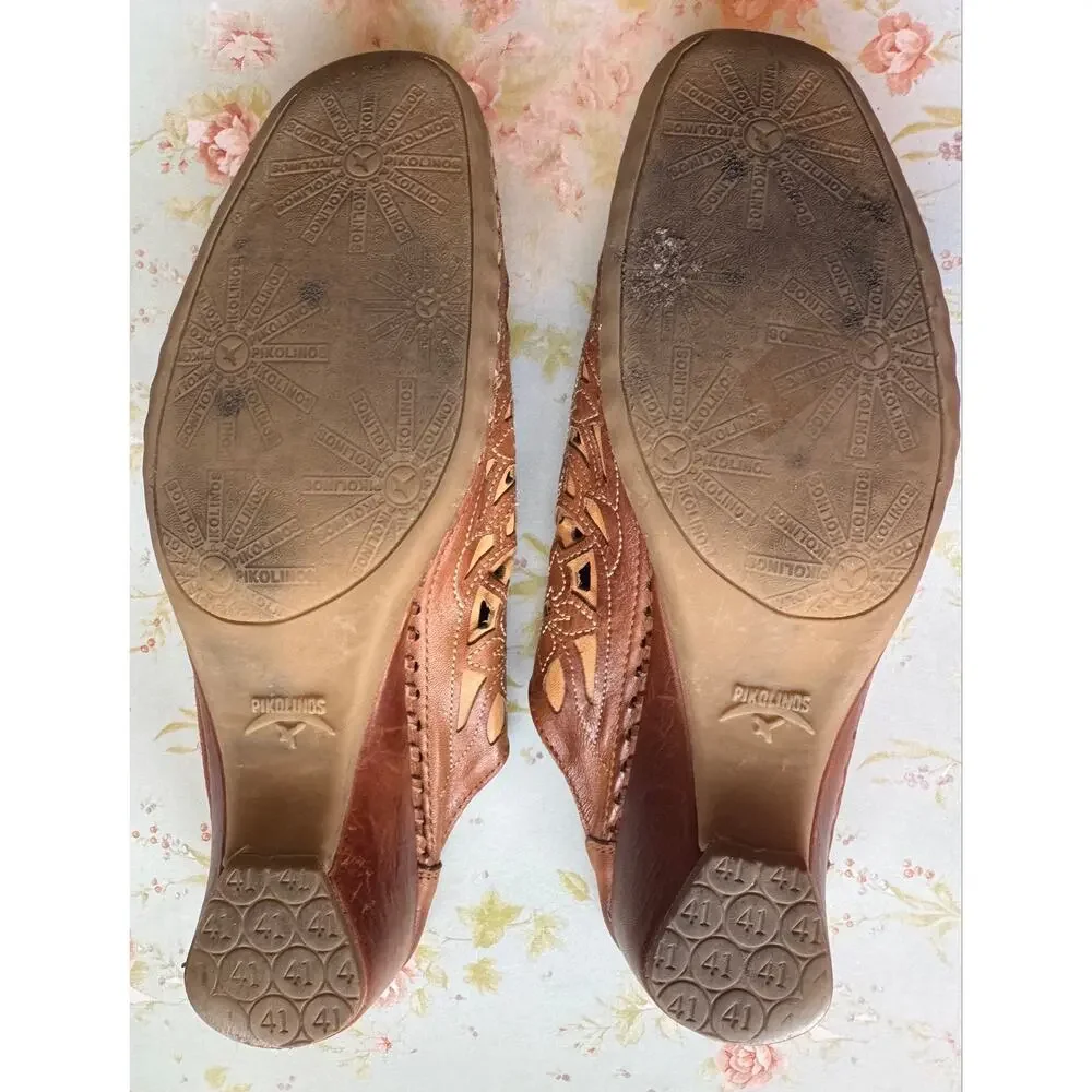 Leather Made in Spain Pikolinos Women’s Size 41 Cutout Floral Wedge Mules SlipOn
